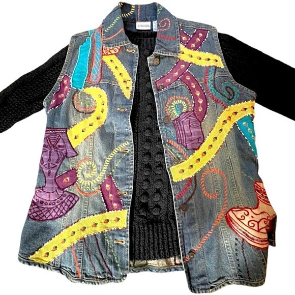 Chico's  Art to Wear Denim Embellished Beaded Button Down Denim Vest Size 8 - Picture 4 of 10